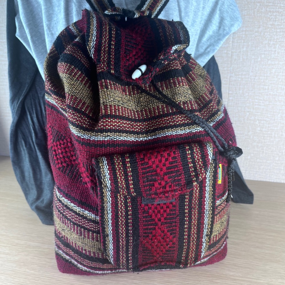 Artesanias MR Pinzon Boho Woven Striped Backpack Burgundy Black Festival Bag